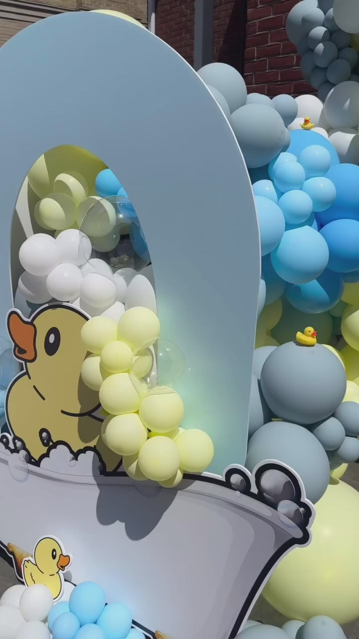 Rubber Ducky theme custom backdrop wall and balloon garland