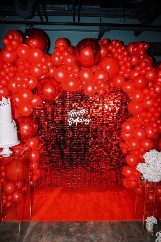 Red Carpet Theme : Shimmer Wall, Balloon Cluster, Red Carpet + LED Sign