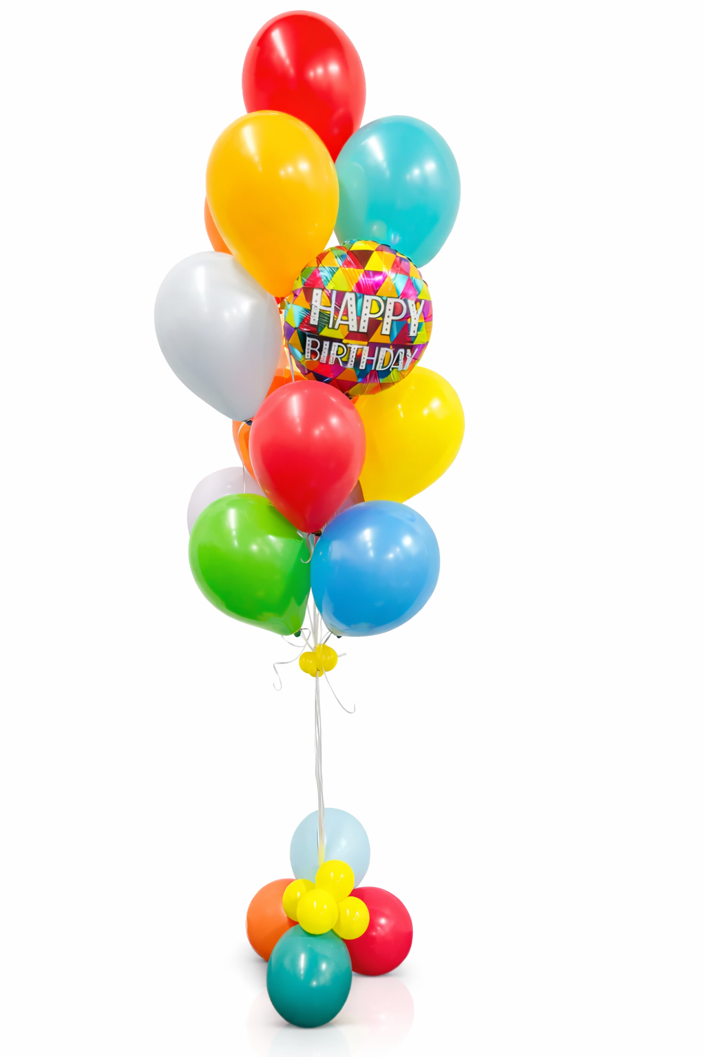 Colorful balloons with a 'Happy Birthday' balloon on a white background