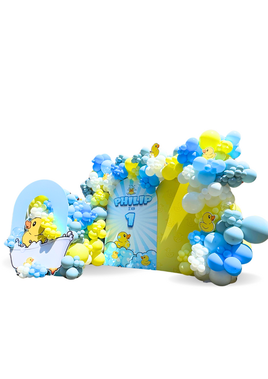 Rubber Ducky theme custom backdrop wall and balloon garland