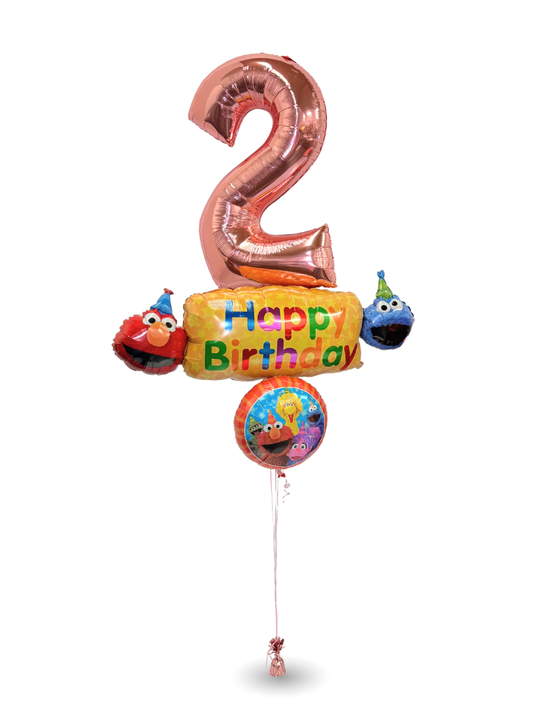 Sesame Street-themed birthday balloon set with number 2 and 'Happy Birthday' text on a white background
