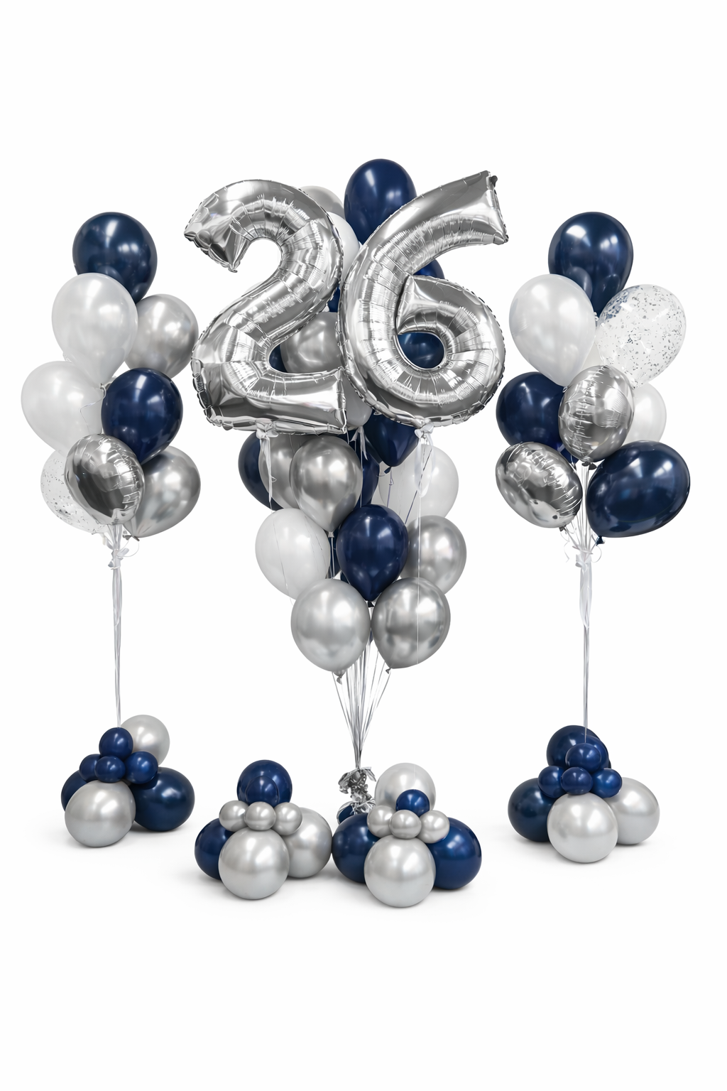 Balloon arrangement with number '26' in silver, surrounded by blue and white balloons on a white background