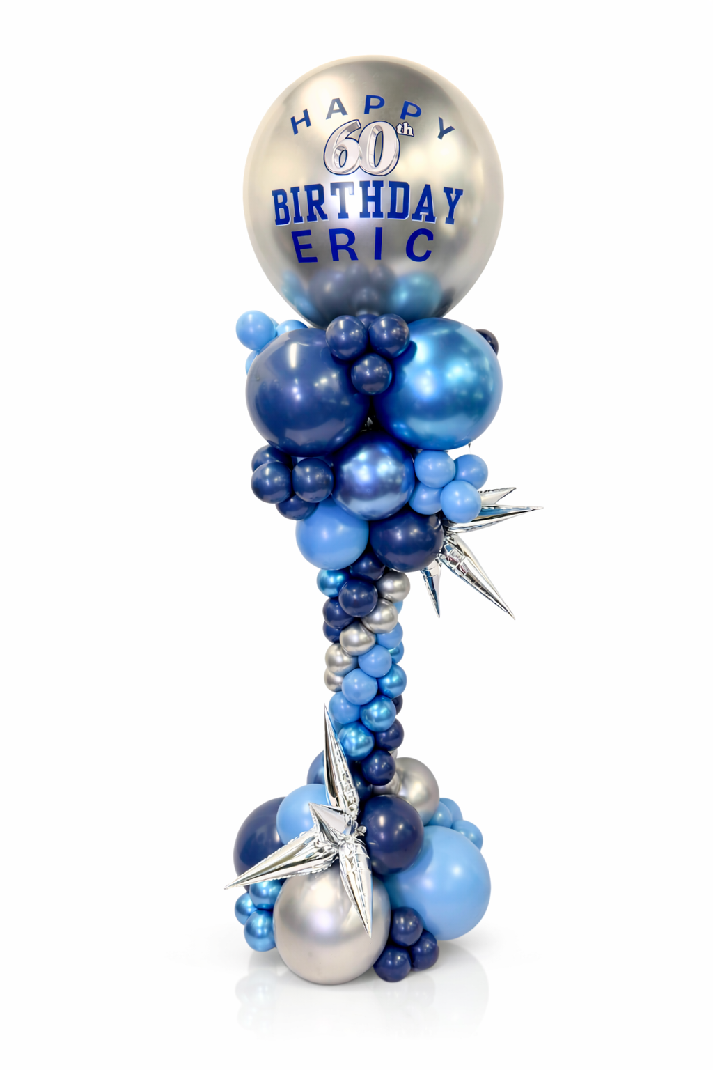 Balloon arrangement with 'Happy 60th Birthday Eric' on a white background