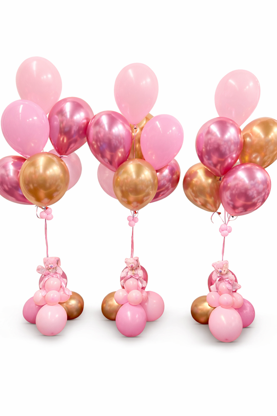 pink balloons with teddy bear for baby girls