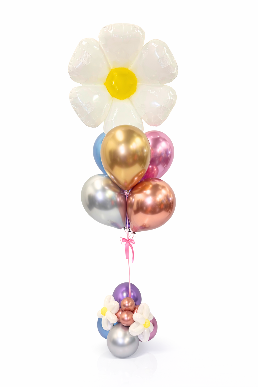 Colorful balloon bouquet shaped like a flower on a white background