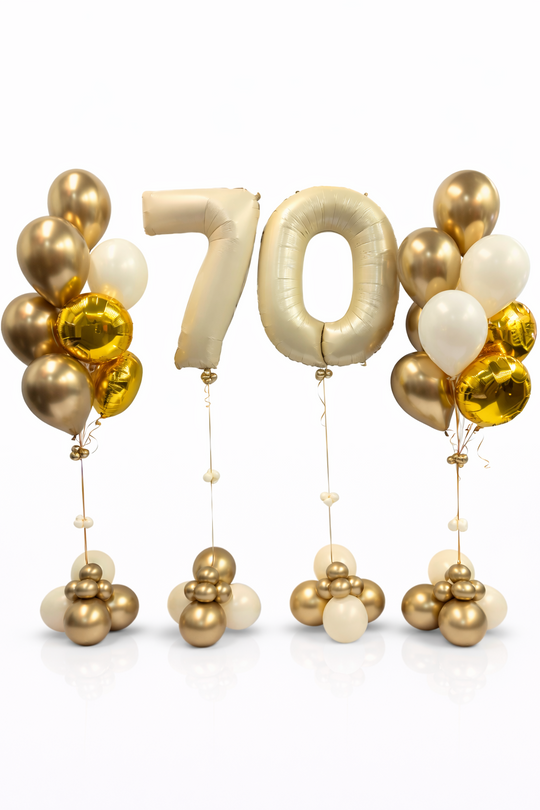 Decorative balloons with number '70' on a white background