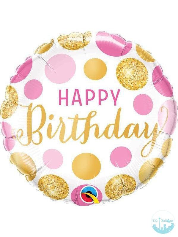 Happy Birthday Foil (NO WEIGHT INCLUDED) T.O. Balloons Pink & Gold Polka Dots 
